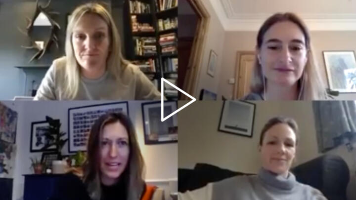 split screen view of four women speaking during a video broadcast